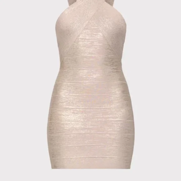 HERVÉ LÉGER Glitter Foil Halter Mini Dress – S – Rose Gold Foil